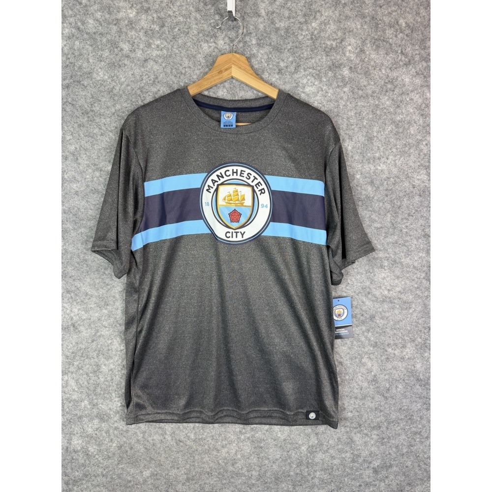 Manchester City Shirt Large Gray Soccer Futbol Short Sleeve Stretch Sports Blue